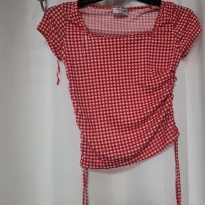 Red Gingham Square-Neck Short Sleeve Tee